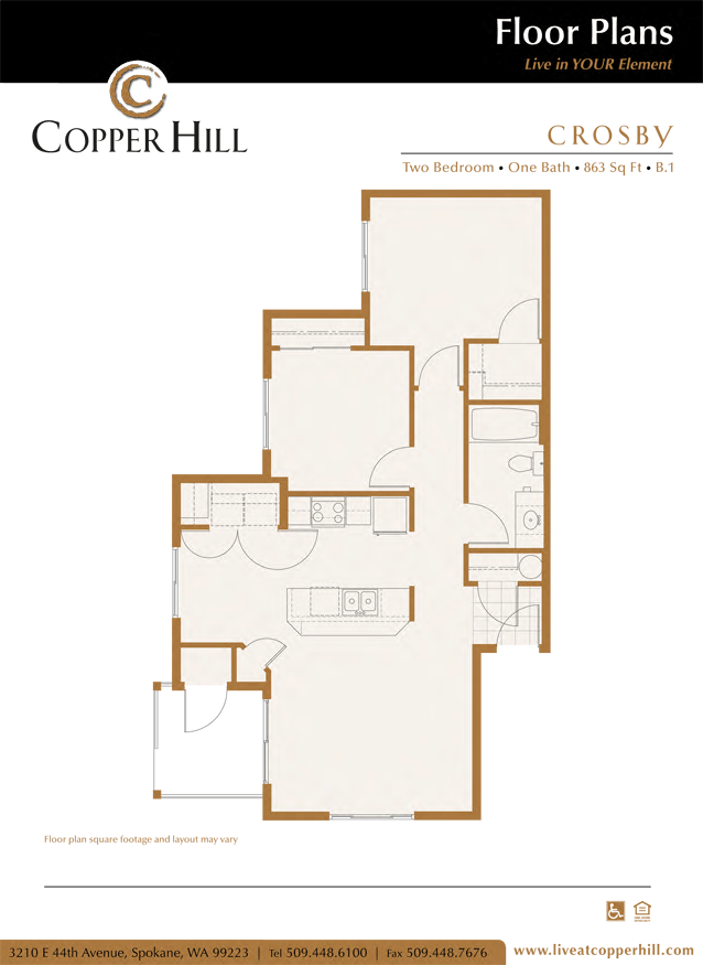 Crosby 2 bedroom 1 bath floor plan layout
